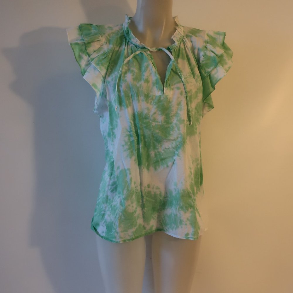 Womens Stark X Green White Tie-Dye Ruffled V-Neck Top M *